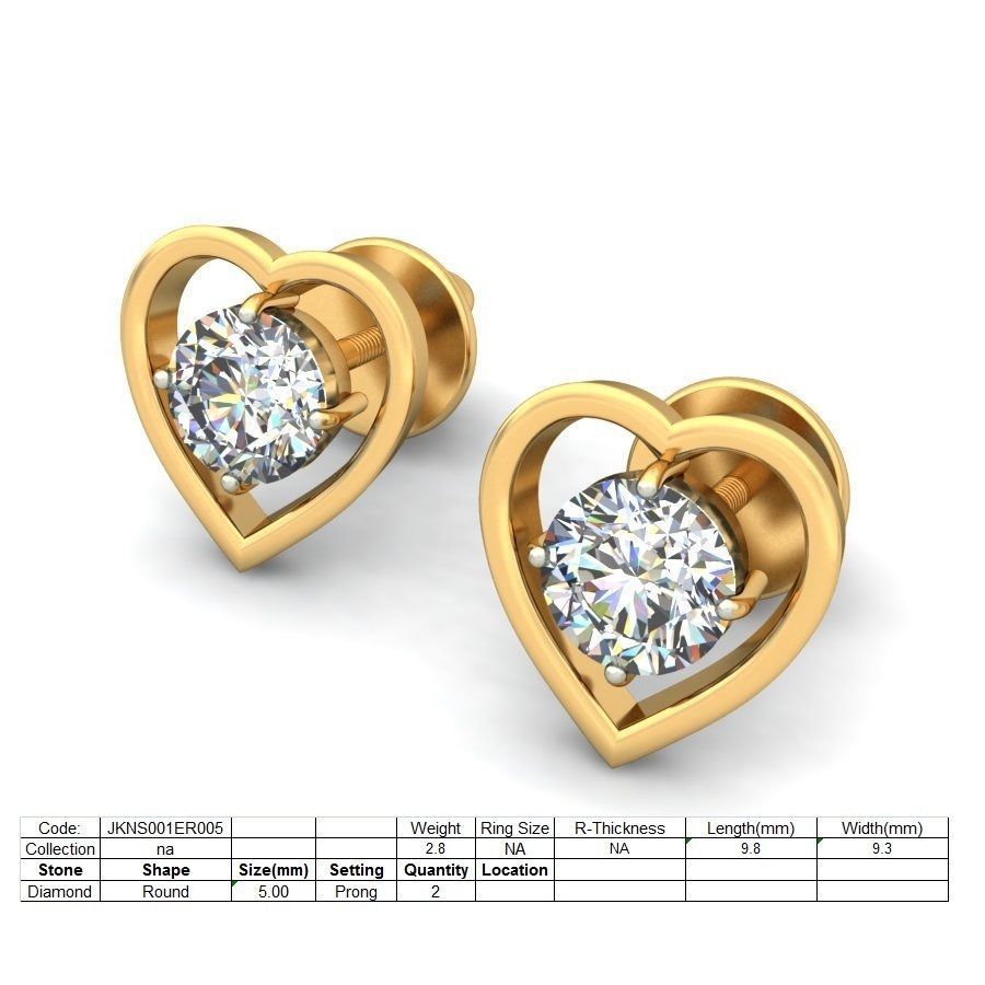 Solitaire Stud Heart Earrings 3Dm STL OBJ FBX Render Details 3D print model_1