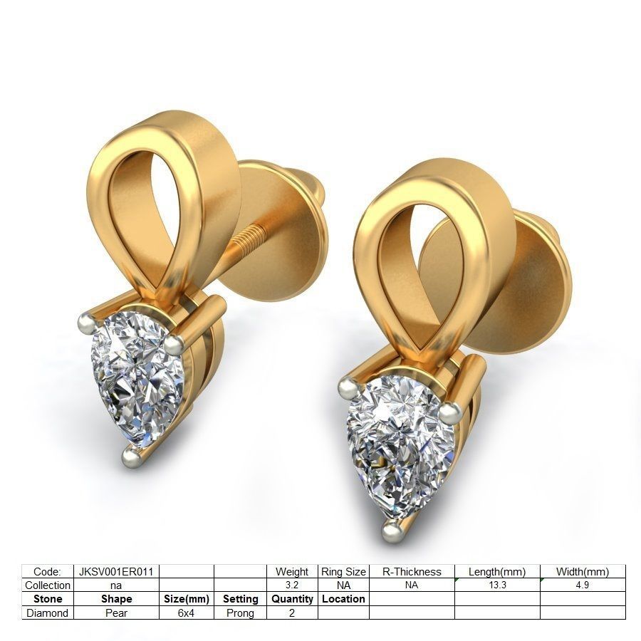Solitaire Pear Diamond Earrings 3Dm STL OBJ FBX Render Details 3D print model_1