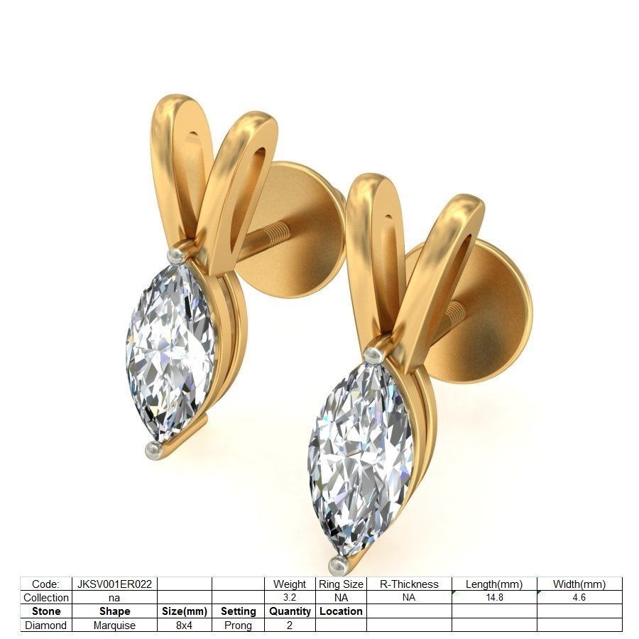 Solitaire Marquise Diamond Earrings 3Dm STL OBJ FBX Details 3D print model_1