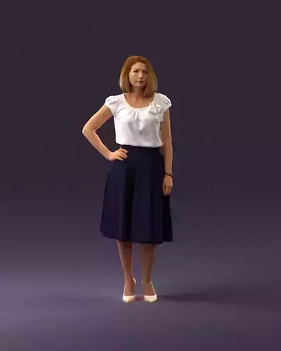 001020 woman in whie blouse blue skirt