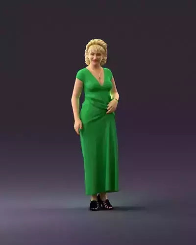 001021 blonde woman in long green dress