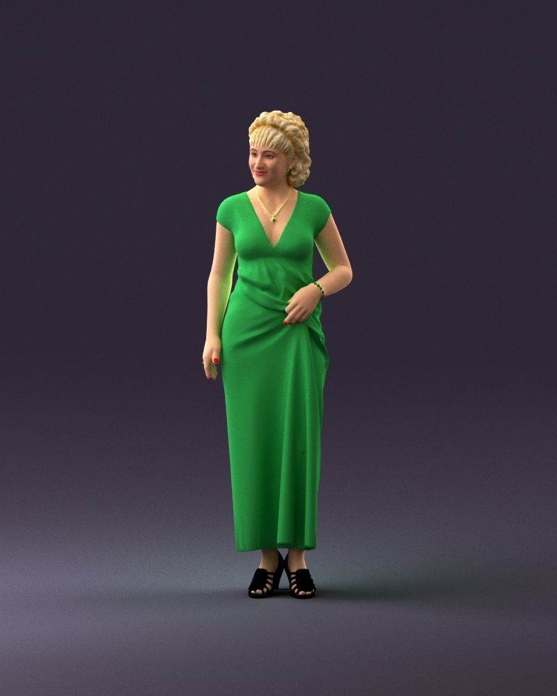 001021 blonde woman in long green dress 3D Print Ready 3D print model_22