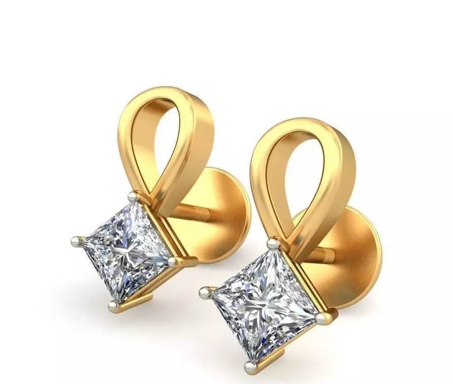 Solitaire Princess Diamond Earrings 3Dm STL OBJ Render Details 3D print model_0