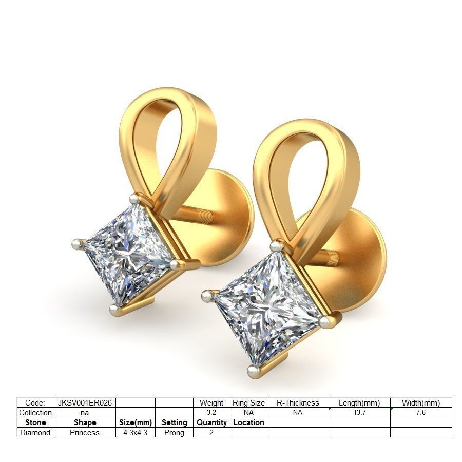 Solitaire Princess Diamond Earrings 3Dm STL OBJ Render Details 3D print model_1