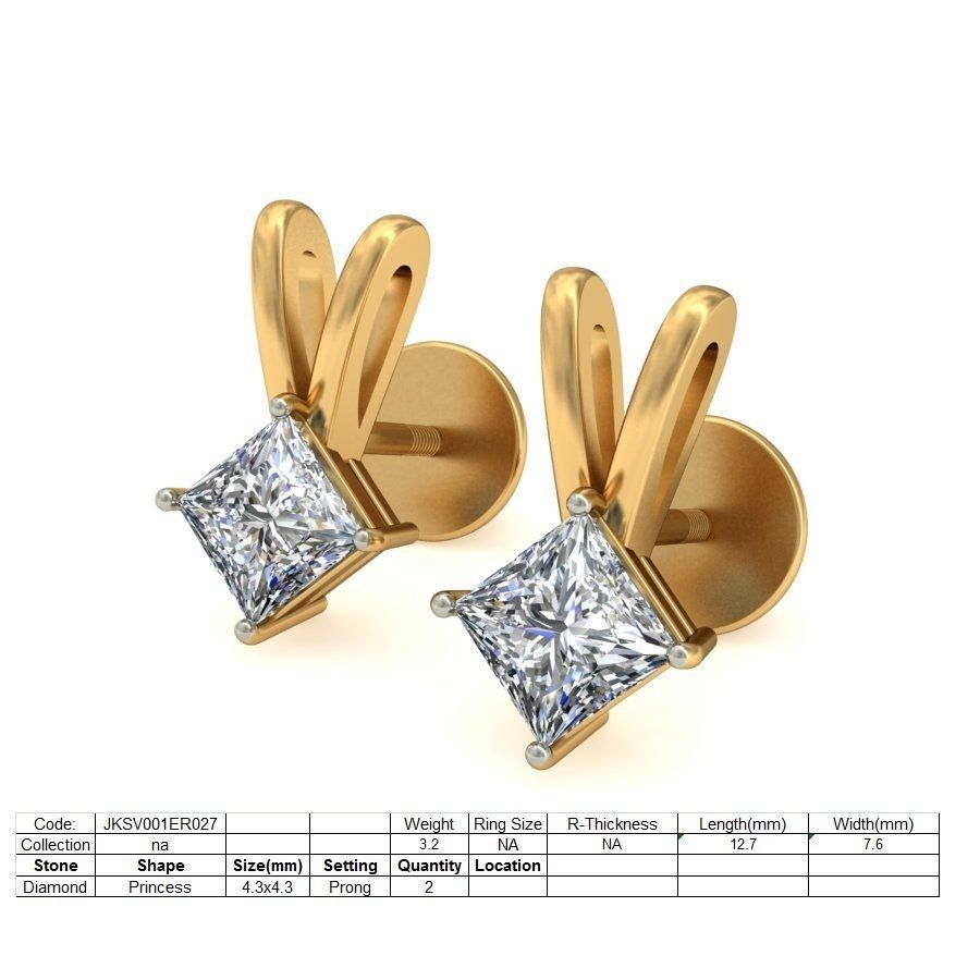 Solitaire Princess Diamond Earrings 3Dm STL OBJ Render Details 3D print model_1