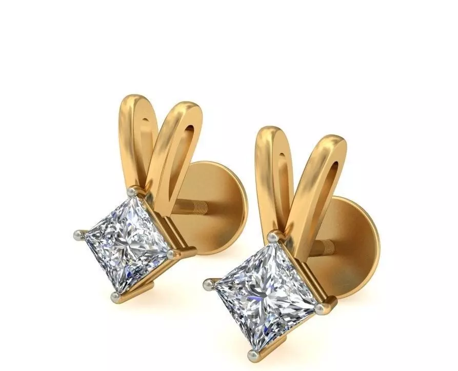 Solitaire Princess Diamond Earrings 3Dm STL OBJ Render Details 3D print model_0