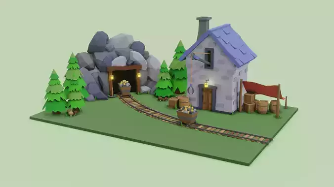 Low Poly Mine paper house and trees Low-poly 3D model