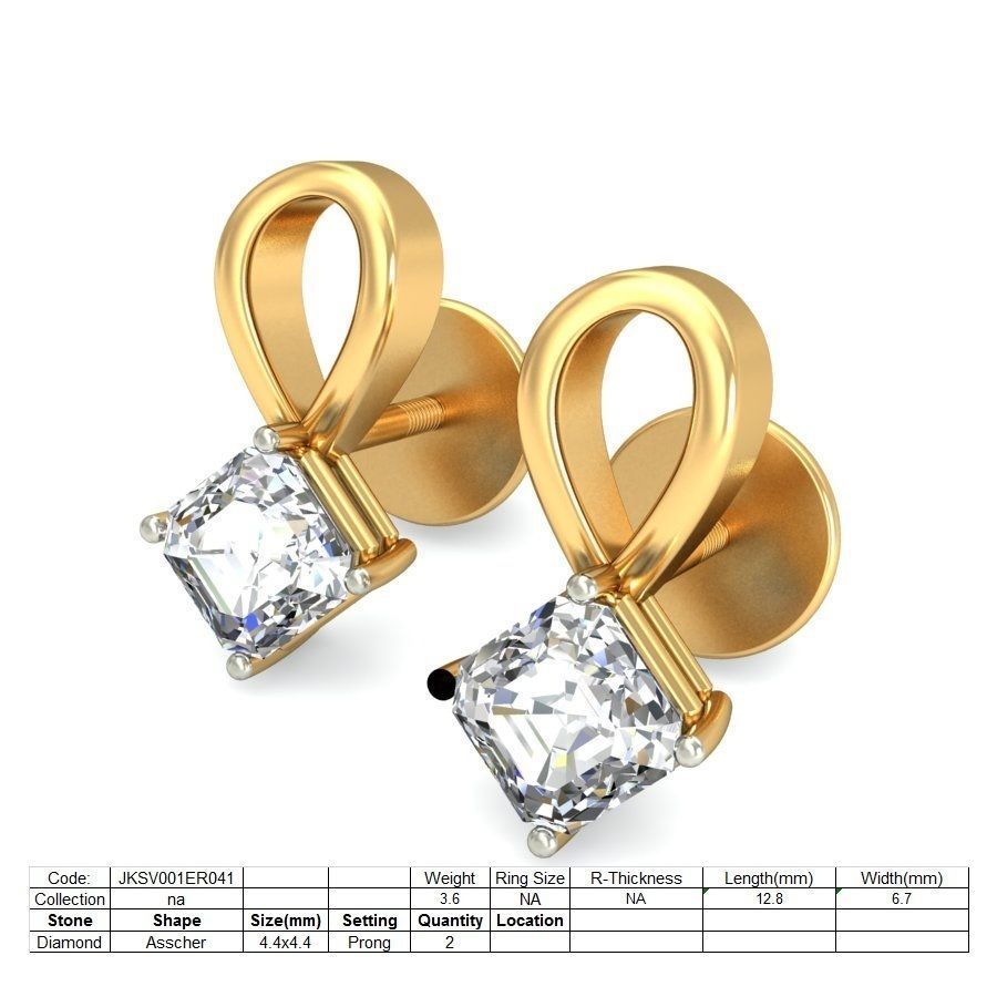 Solitaire Princess Diamond Earrings 3Dm STL OBJ Render Details 3D print model_1