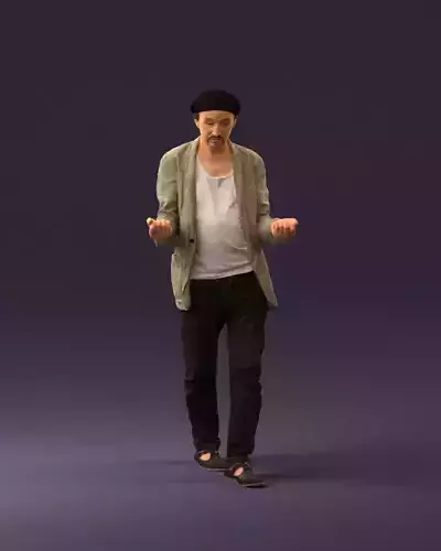 001039 walking man hat hands holding something