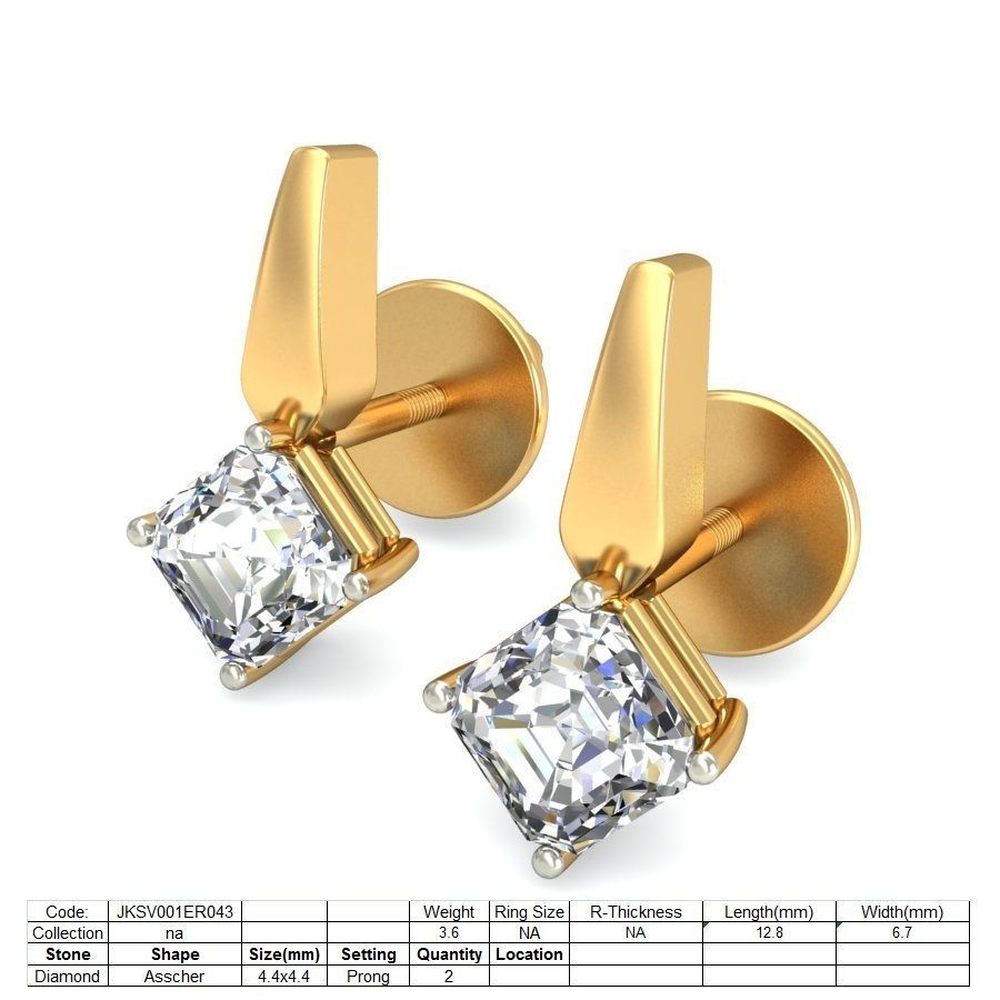 Solitaire Princess Diamond Earrings 3Dm STL OBJ Render Details 3D print model_1