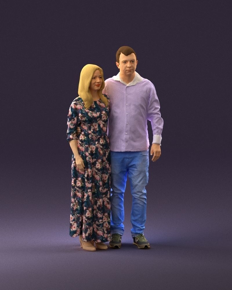 001045 man in tshirt jeans blonde woman in long 3D model_2