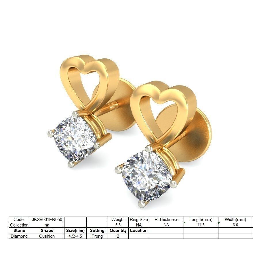 Solitaire Princess Diamond Earrings 3Dm STL OBJ Render Details 3D print model_1