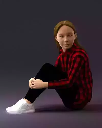 001049 young girl seat in redblack tshirt