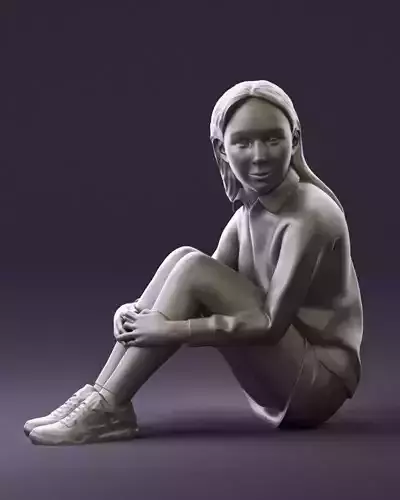 001049 young girl seat in redblack tshirt 3D Print Ready