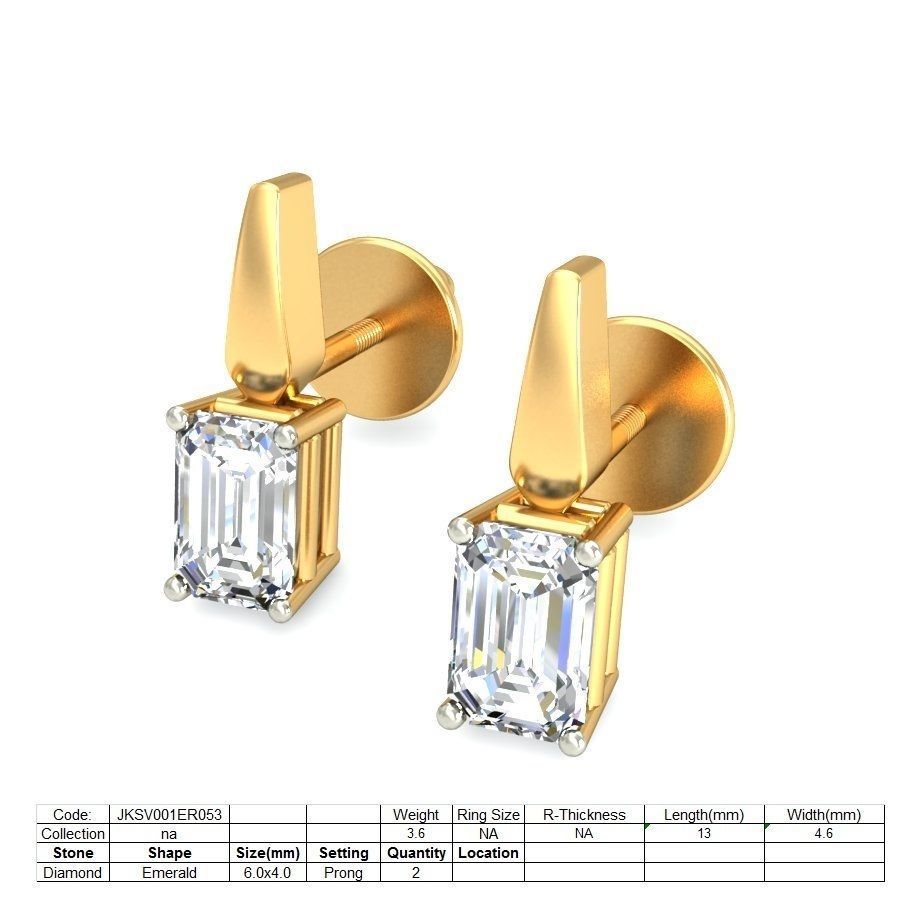 Solitaire Emerald Diamond Earrings 3Dm STL OBJ Render Details 3D print model_1