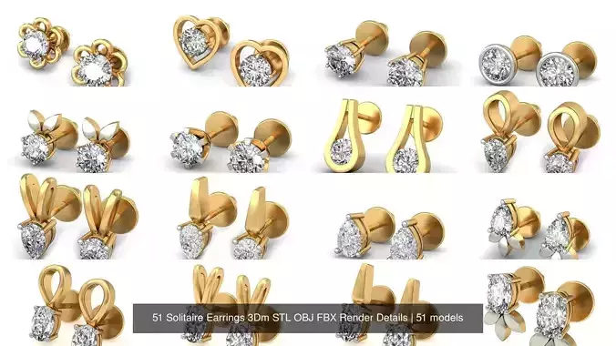 51 Solitaire Earrings 3Dm STL OBJ FBX Render Details 3D Model Collection