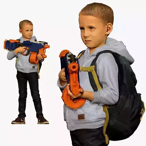 001133 junior boy with water rifle bag behind 3D model