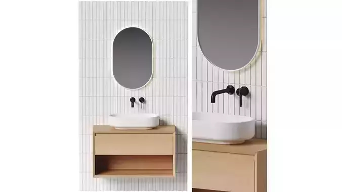 Bathroom set 1 with wooden sink and mirror