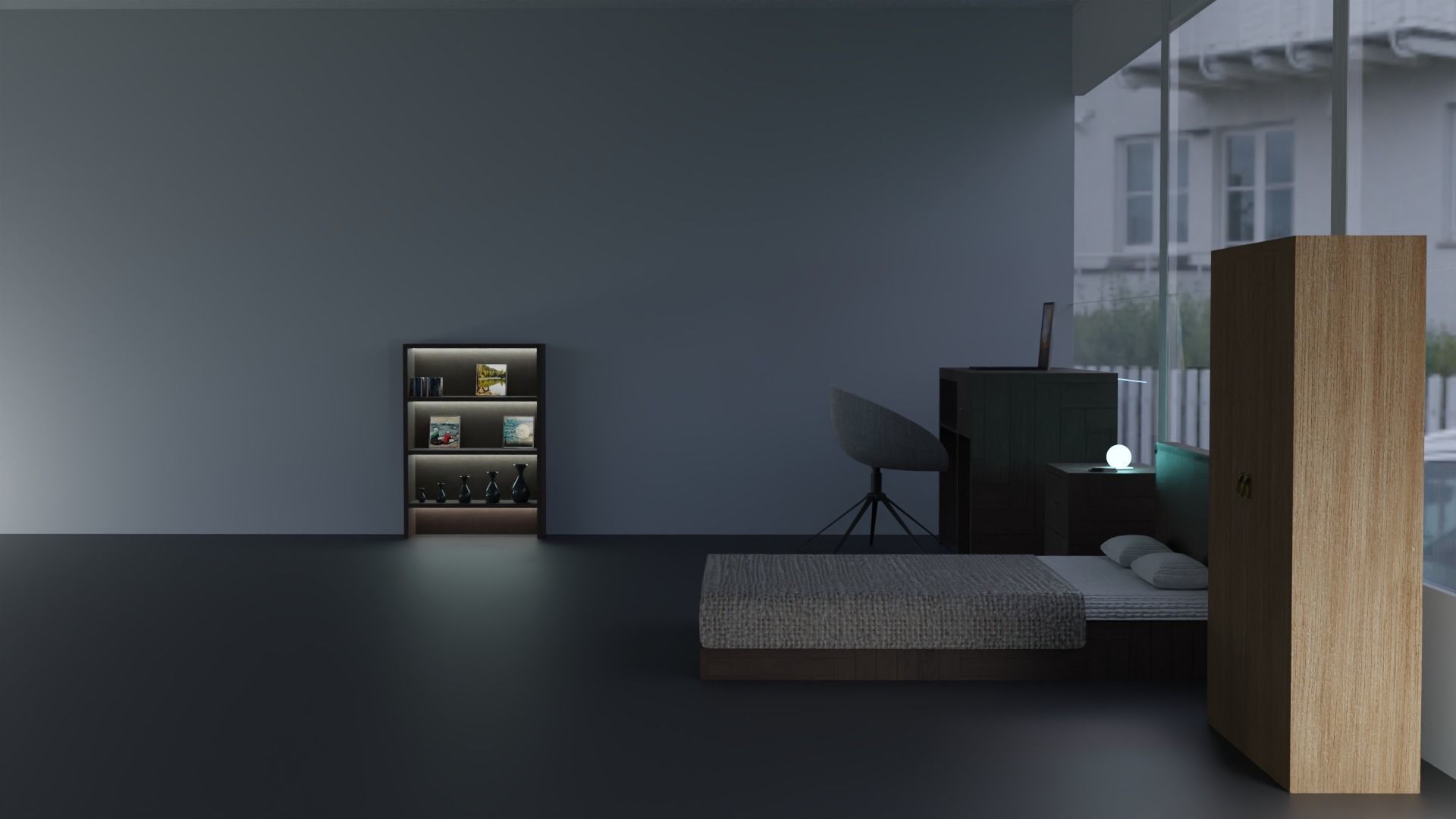 bedroom at night with bed and desk Free 3D model_1