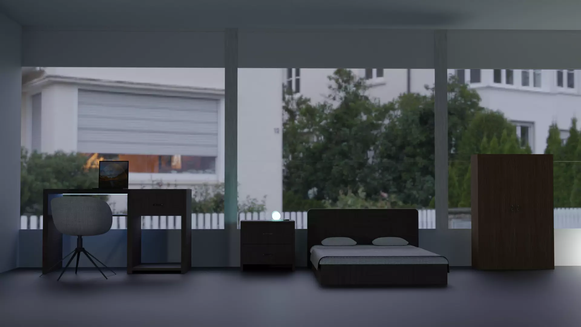 bedroom at night with bed and desk Free 3D model_0