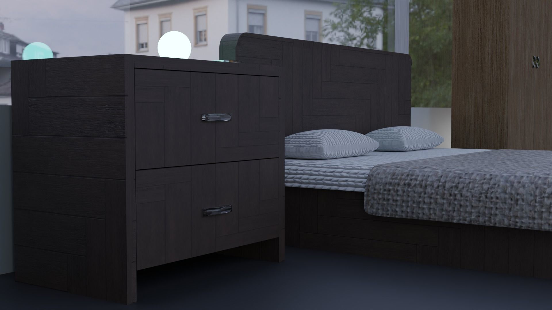bedroom at night with bed and desk Free 3D model_4