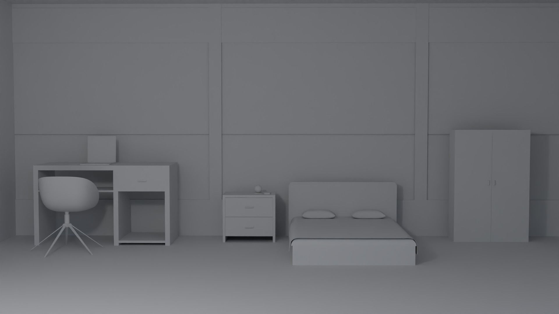 bedroom at night with bed and desk Free 3D model_7