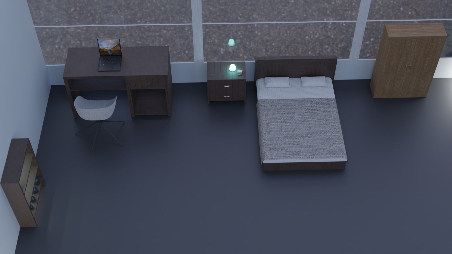 bedroom at night with bed and desk Free 3D model_5