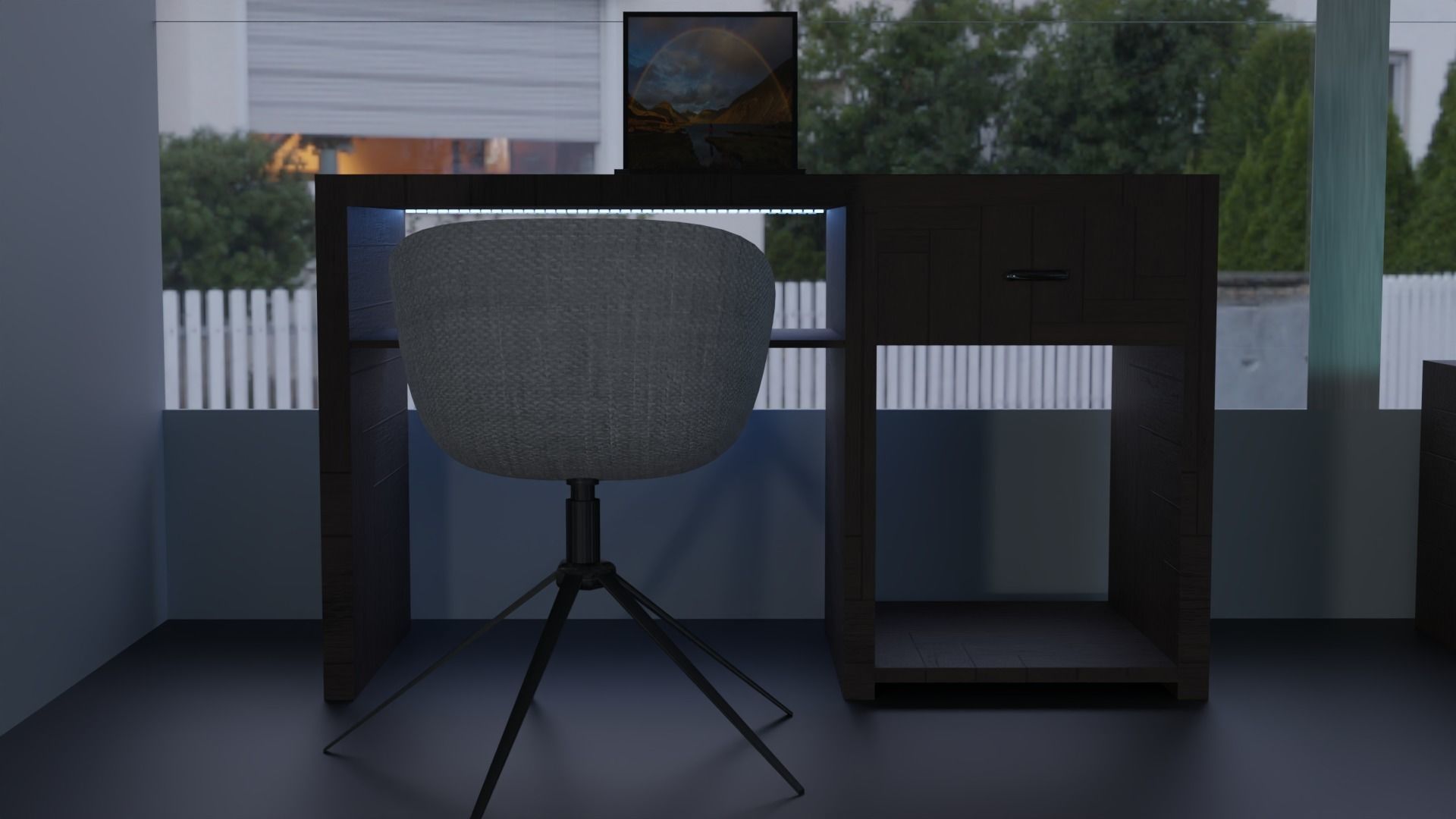 bedroom at night with bed and desk Free 3D model_3