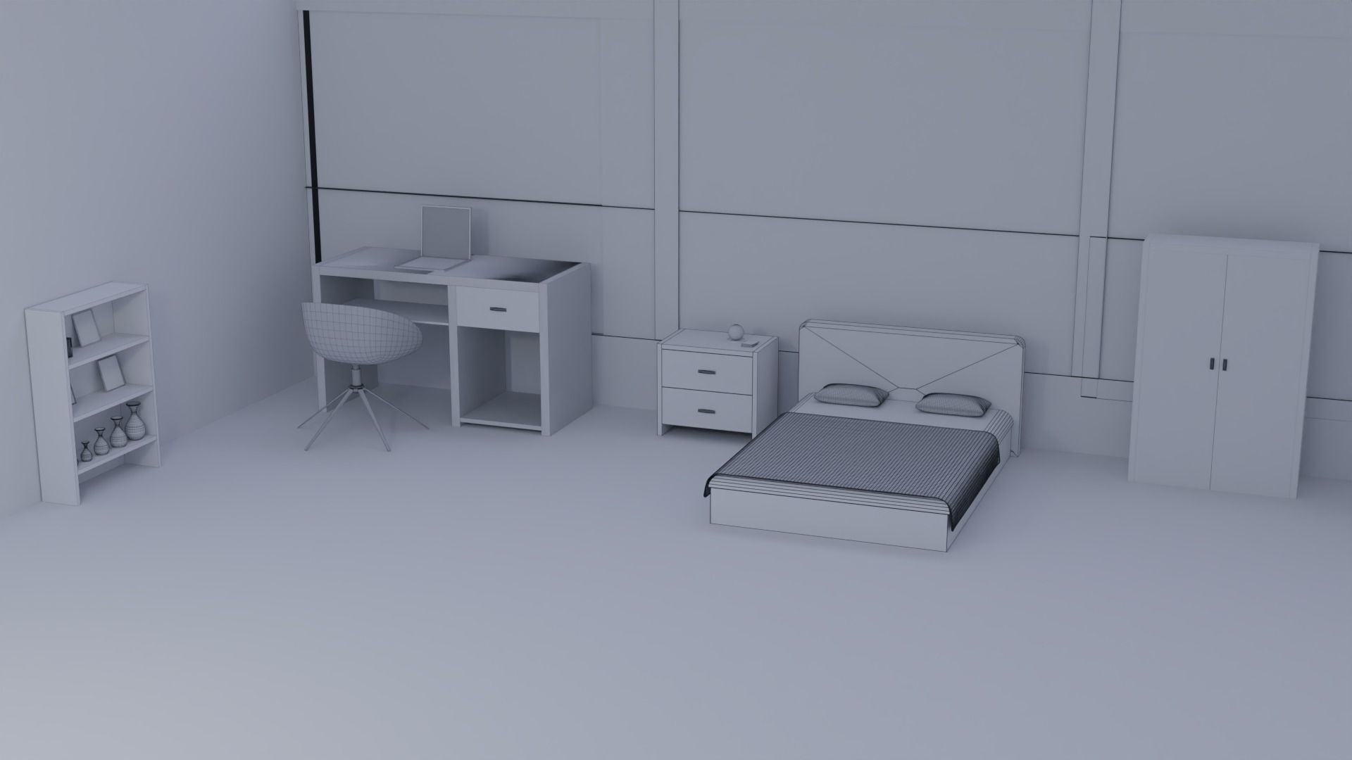 bedroom at night with bed and desk Free 3D model_8