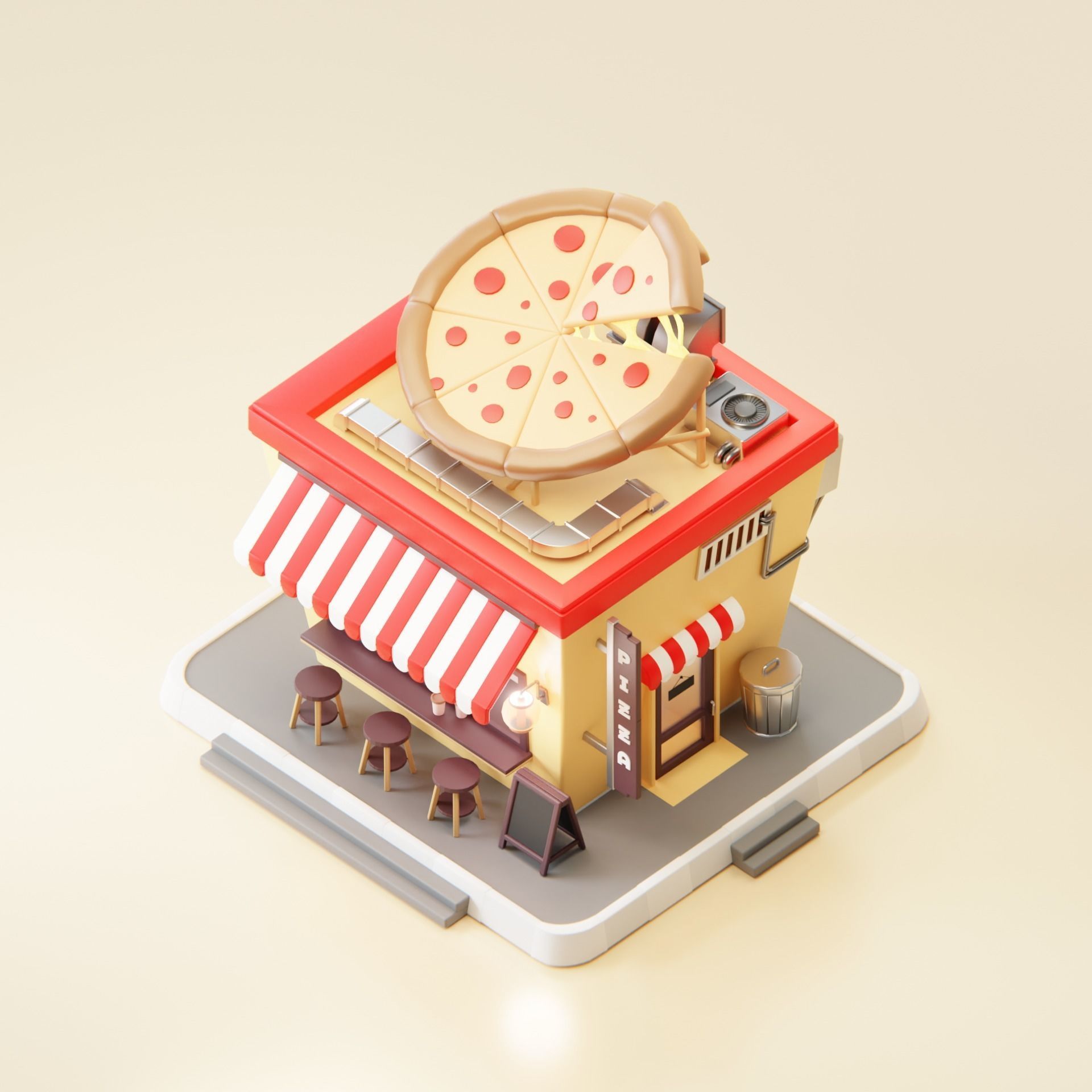 Simple Low Poly Isometric Italian Pizza Shop  3D model_1