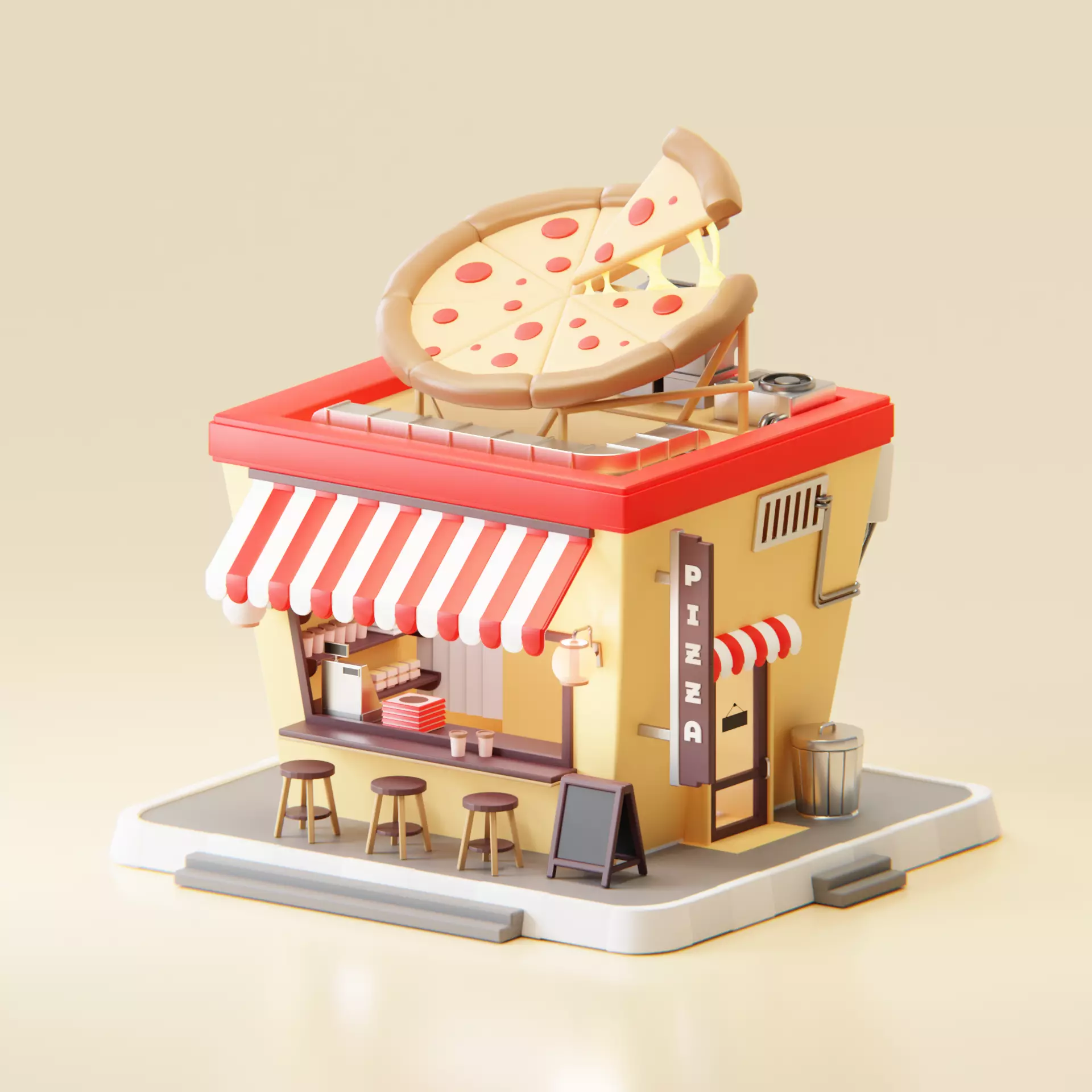 Simple Low Poly Isometric Italian Pizza Shop  3D model_0