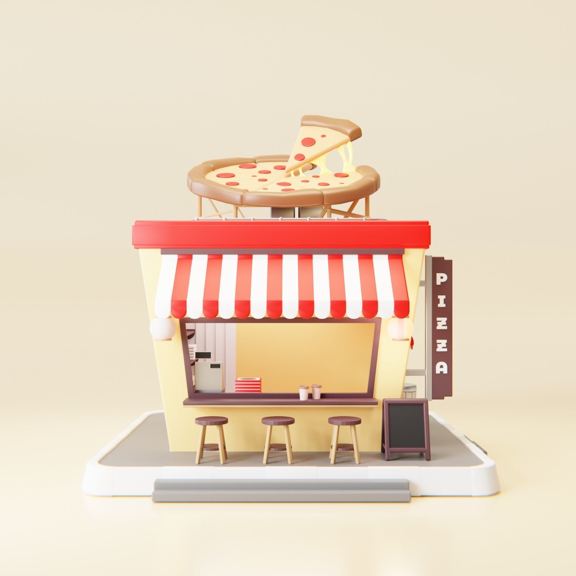 Simple Low Poly Isometric Italian Pizza Shop  3D model_2