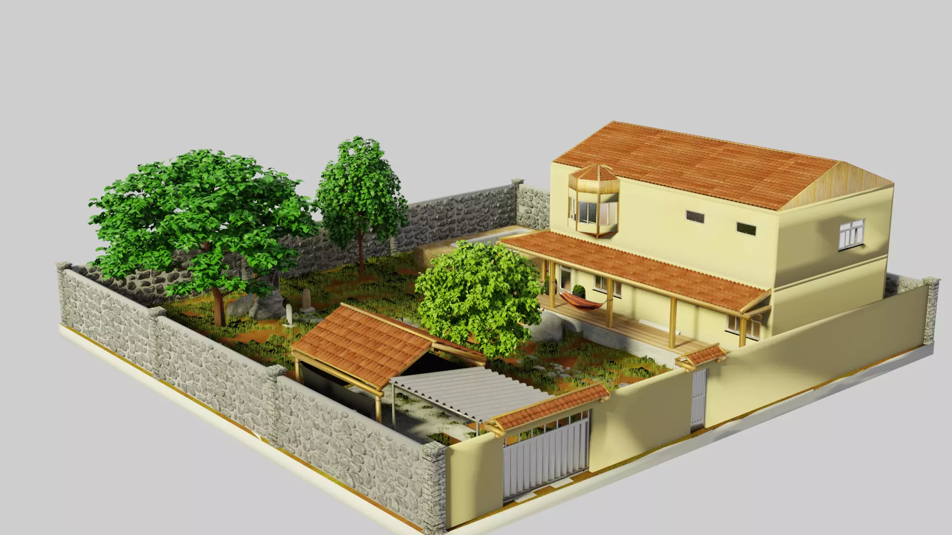 Simple house with a yard Low-poly 3D model_0