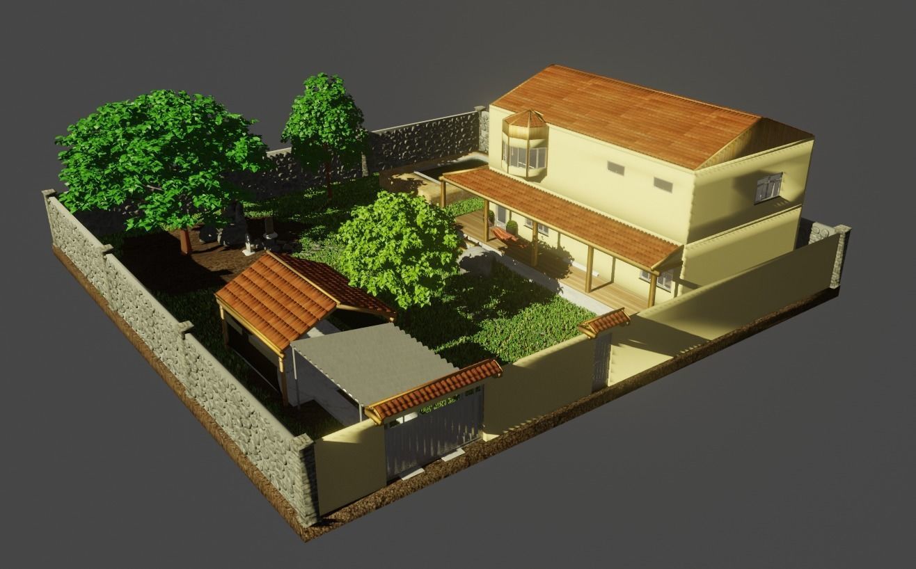Simple house with a yard Low-poly 3D model_1