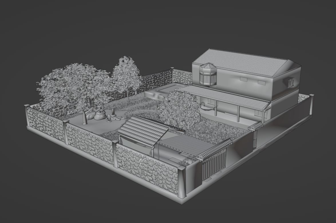 Simple house with a yard Low-poly 3D model_2