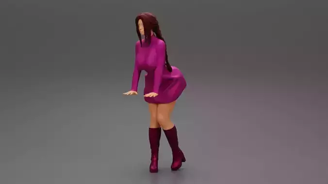 Woman in turtleneck sleeveless skinny mini dress and boots 3D print model