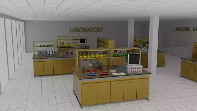Laboratory with shelves and cabinets