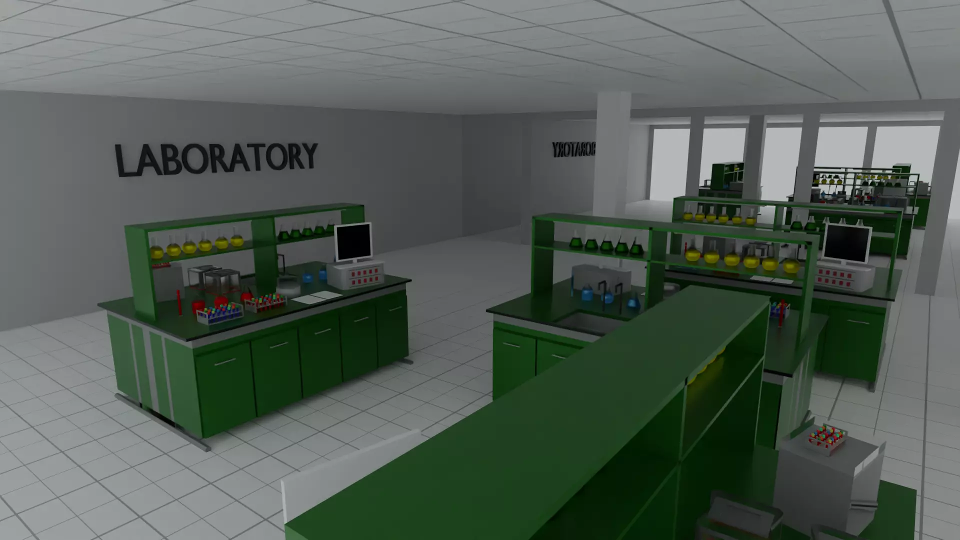 Laboratory with cabinets and shelves Low-poly 3D model_0