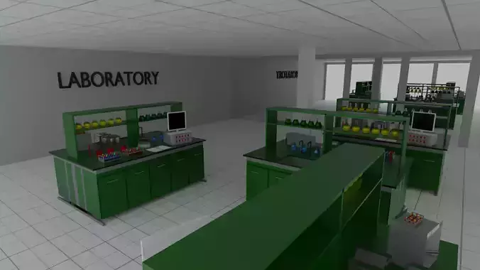 Laboratory with cabinets and shelves