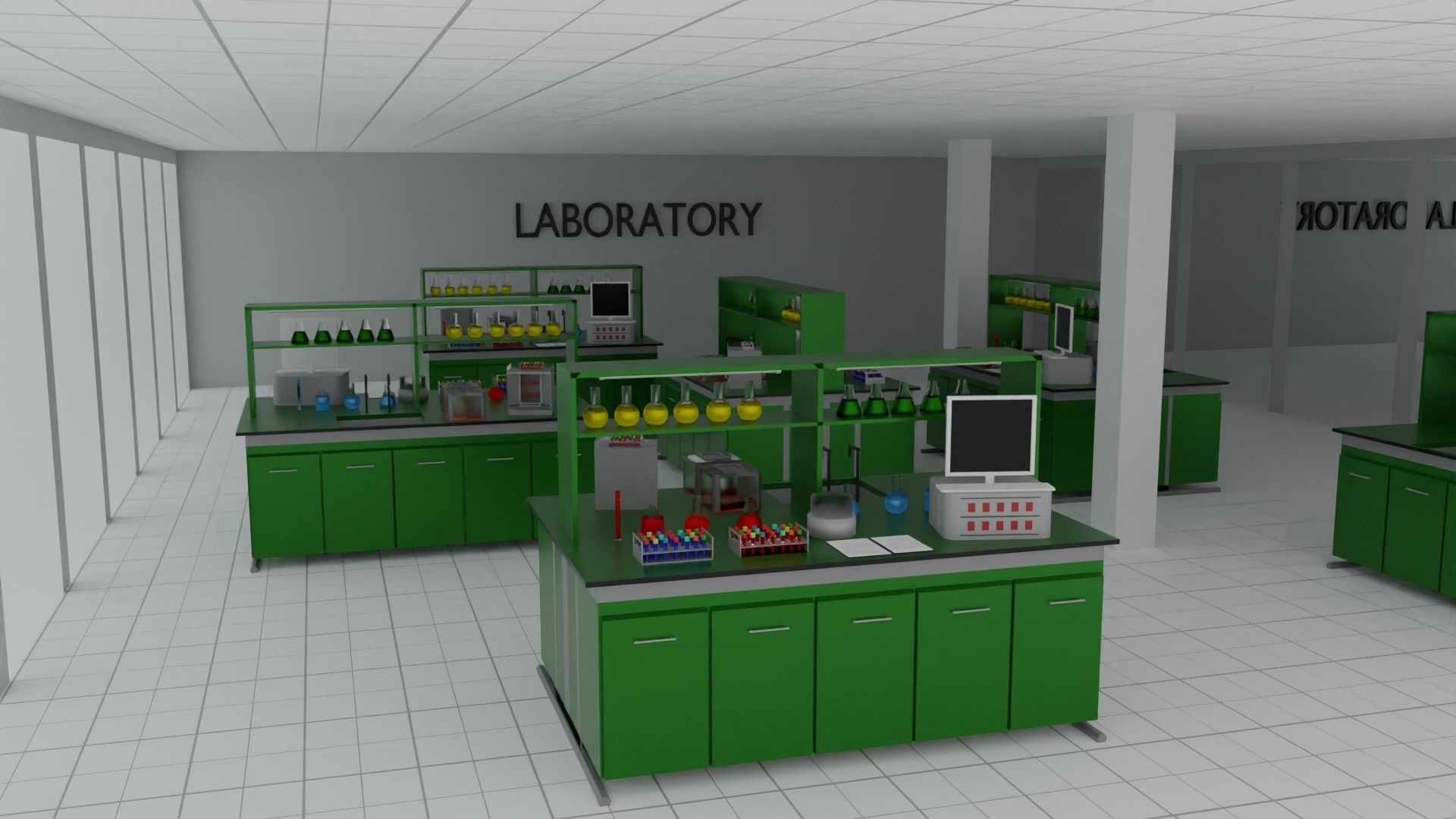 Laboratory with cabinets and shelves Low-poly 3D model_1