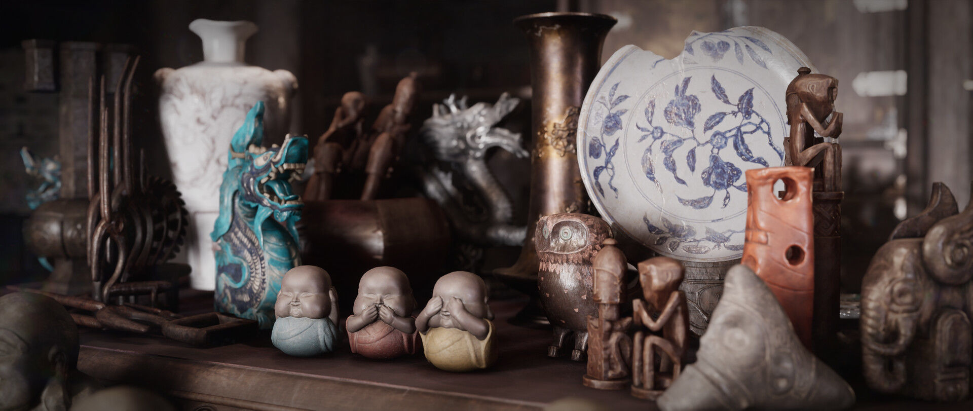 3D Antique Chinese Buddha Statues Carved  Low-poly 3D model_2