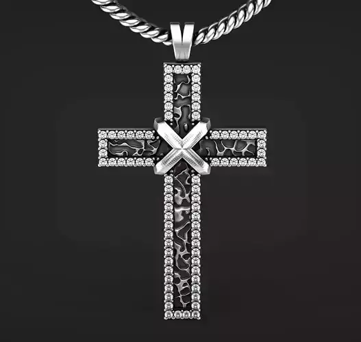 Rock Textured Diamond Cross Pendant 