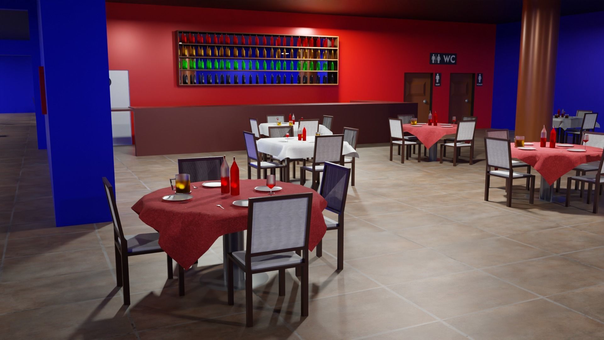 Restaurant dining room with tables and chairs Low-poly 3D model_3