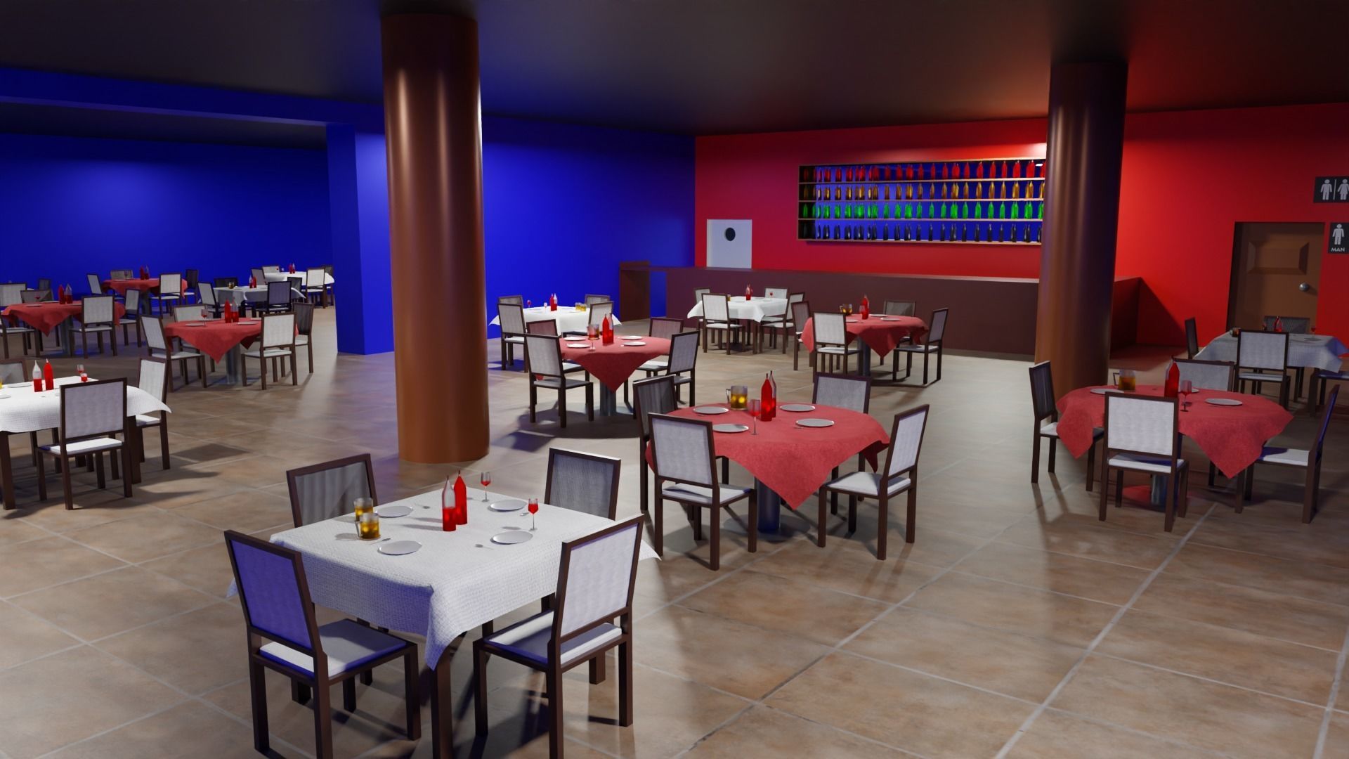 Restaurant dining room with tables and chairs Low-poly 3D model_1