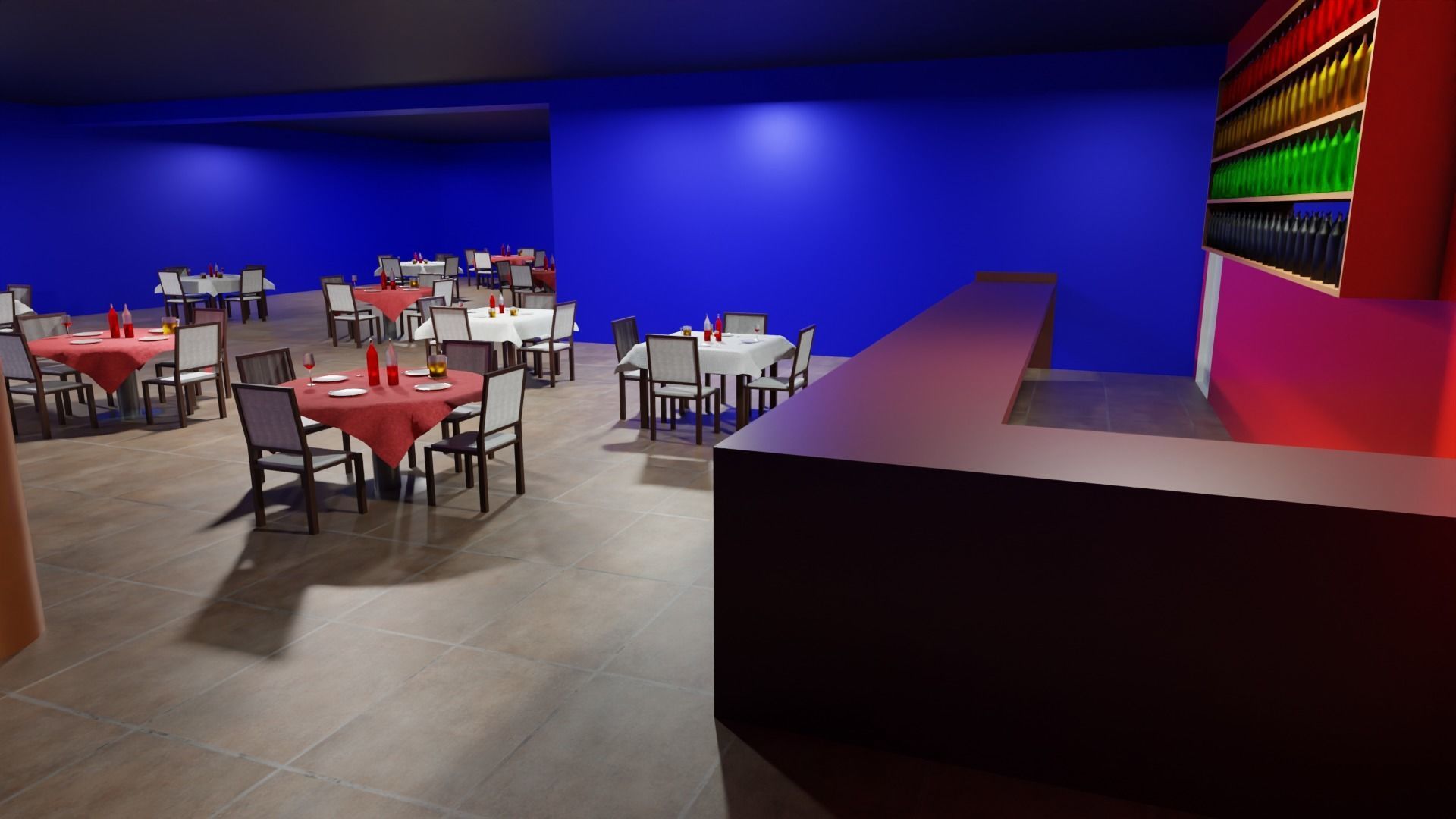 Restaurant dining room with tables and chairs Low-poly 3D model_4