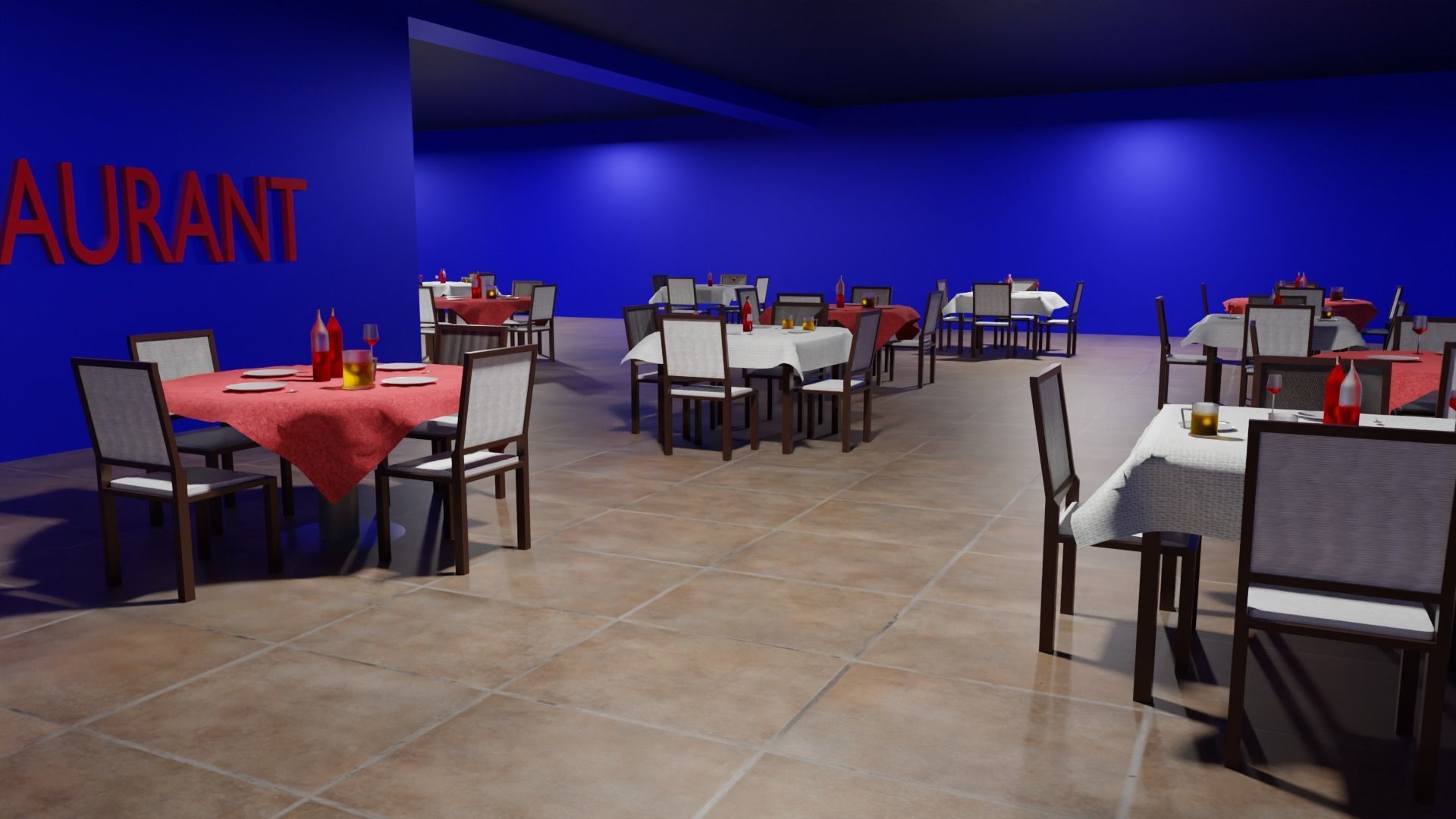 Restaurant dining room with tables and chairs Low-poly 3D model_2