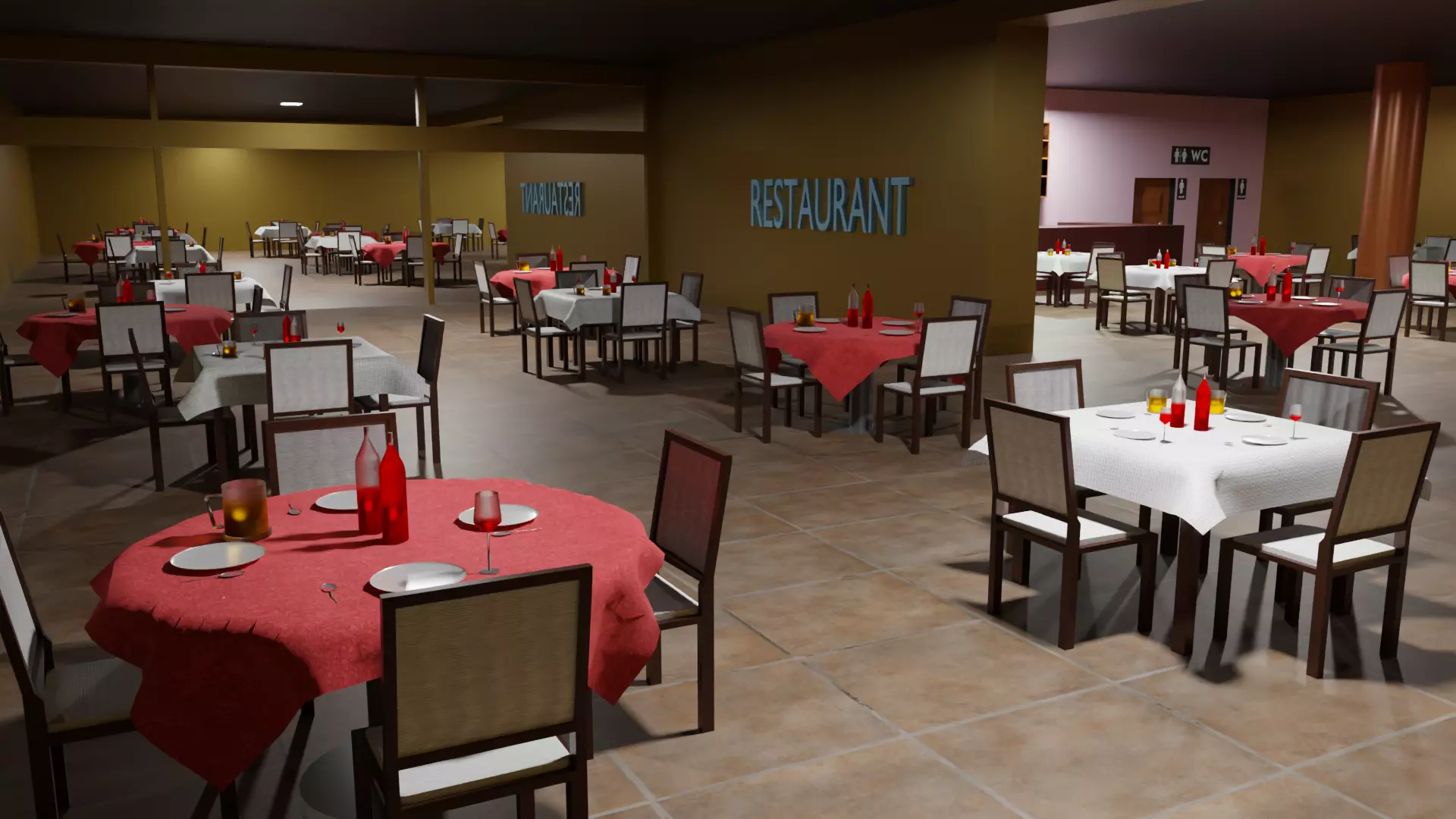 Restaurant with tables and chairs Low-poly 3D model_0