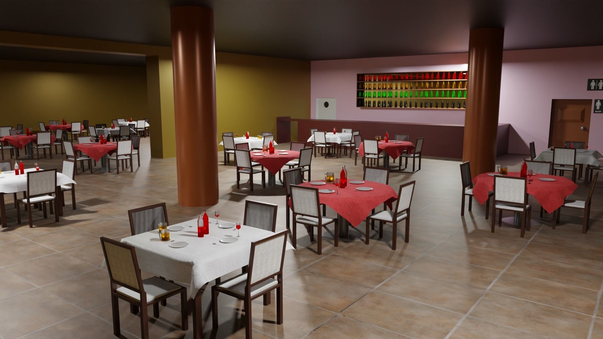 Restaurant with tables and chairs Low-poly 3D model_1