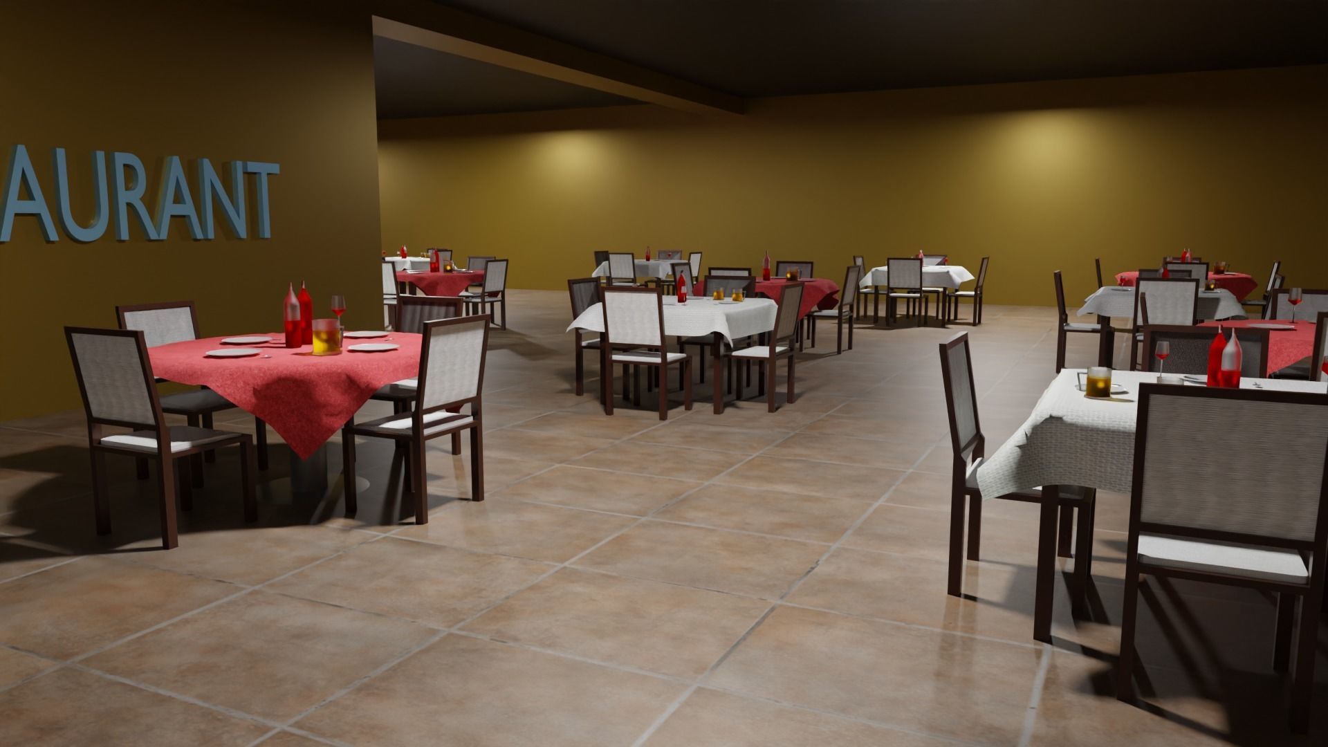 Restaurant with tables and chairs Low-poly 3D model_2
