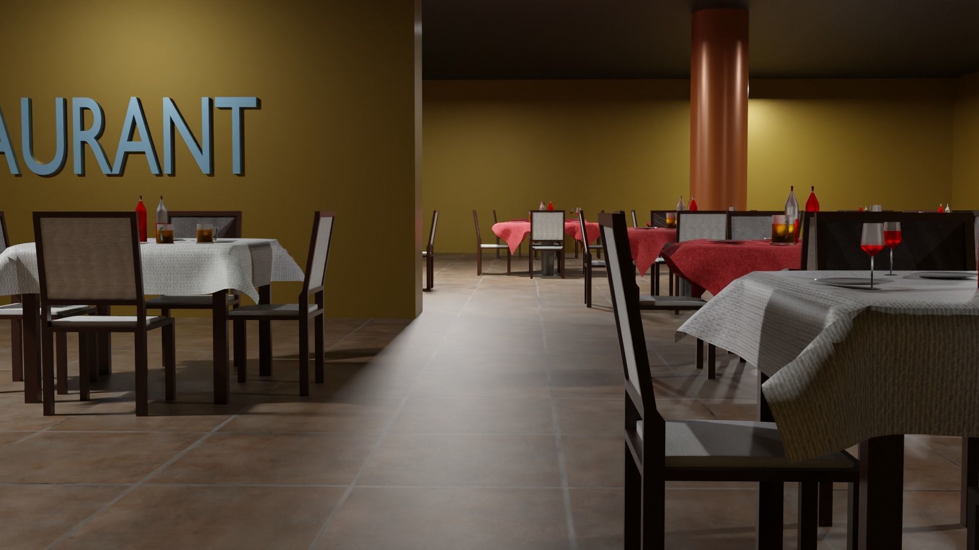 Restaurant with tables and chairs Low-poly 3D model_5